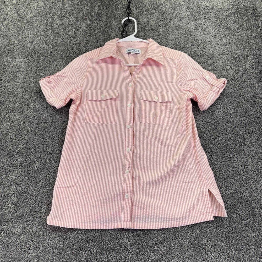 Liberty Lane Shirt Womens S Pink Stripe Button Up Short Sleeve Summer Casual